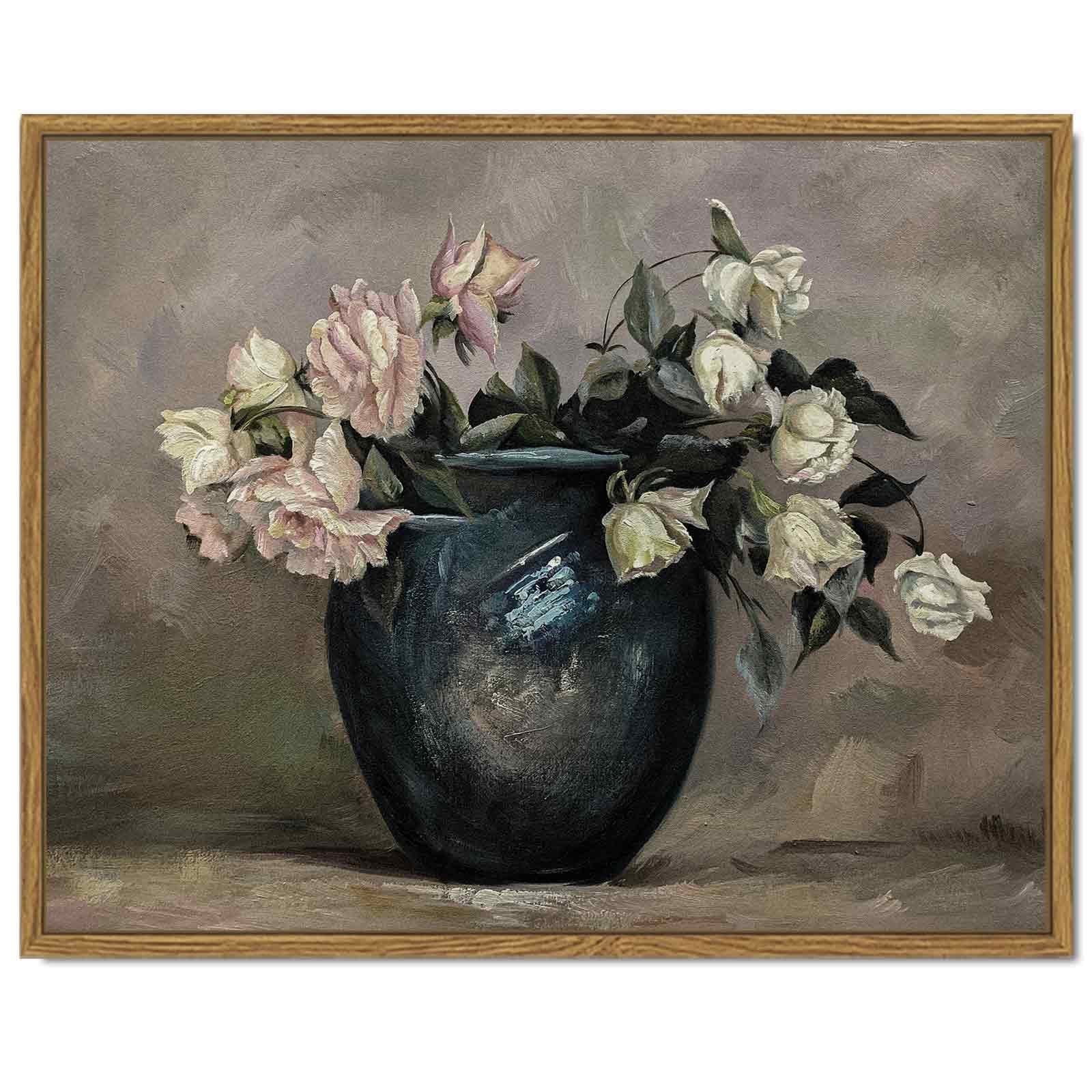 Drsoum Vintage Classical Canvas Wall Art Framed Oil Painting 11x14in The Flowers of a Vase Room Decor for Bathroom Bedroom Kitchen