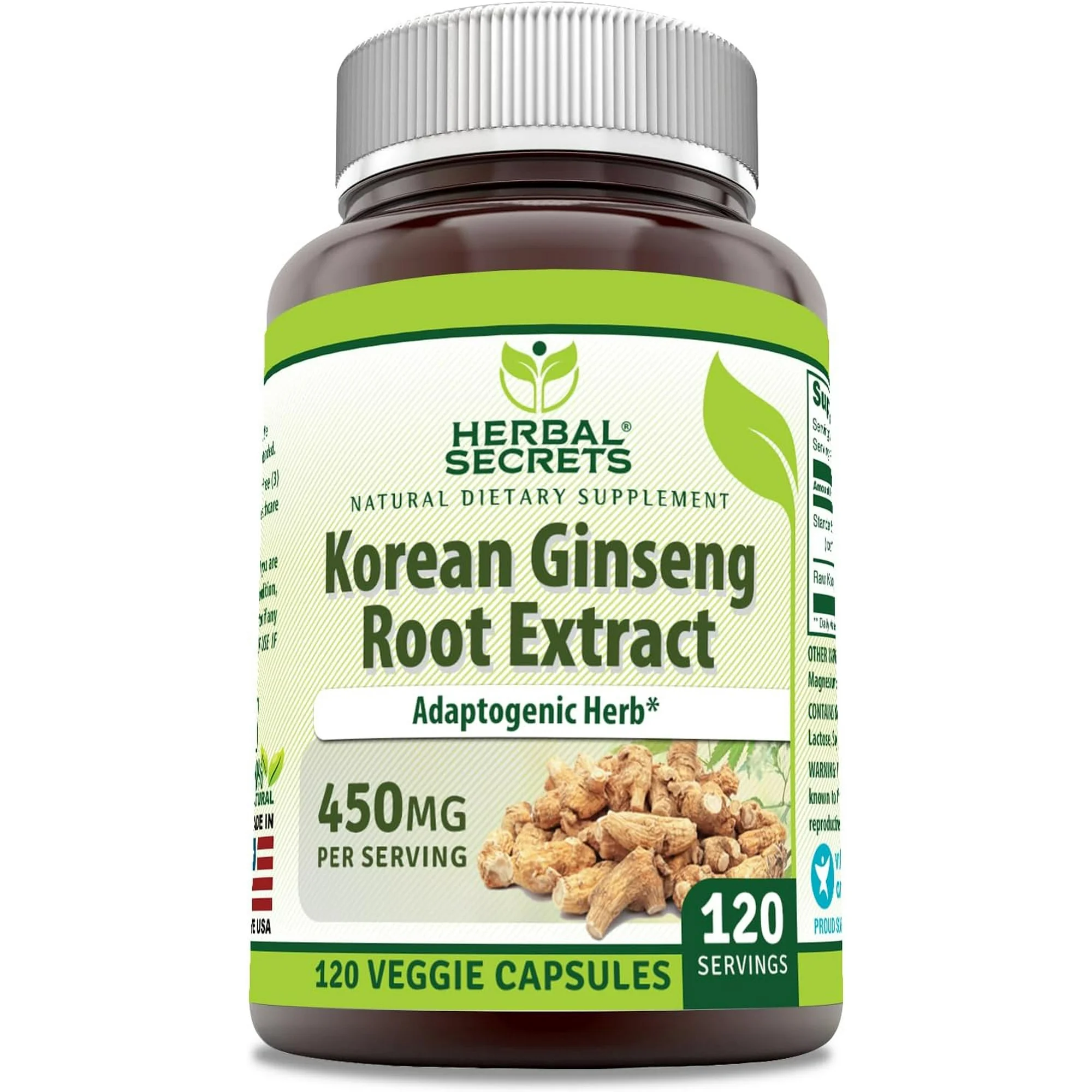 Herbal Secrets Korean Ginseng Root Extract 120 Veggie Capsules Supplement
