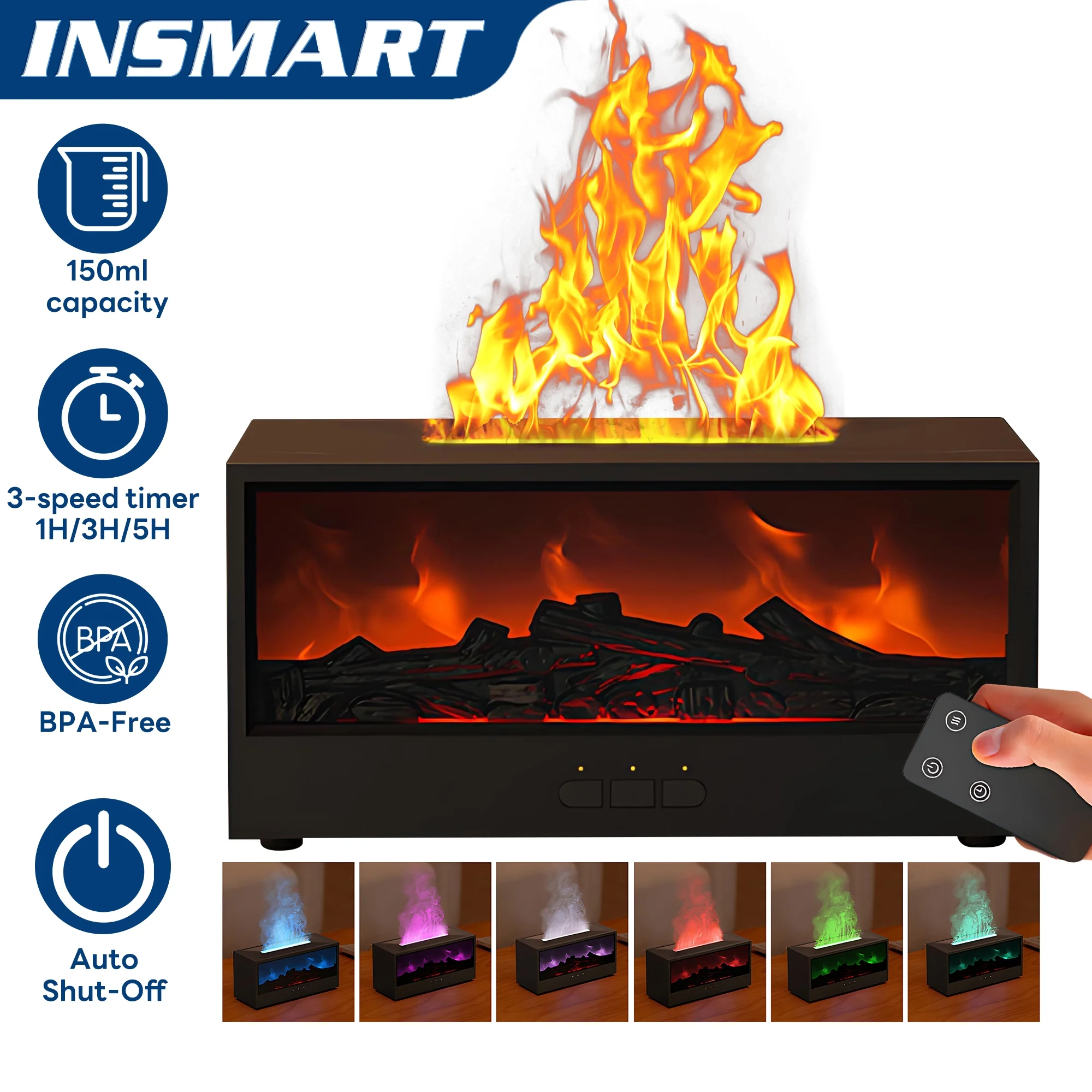 INSMART 3D Flame Essential Oil Diffuser with Remote,7-Color Fireplace Effect,150ml Humidifier