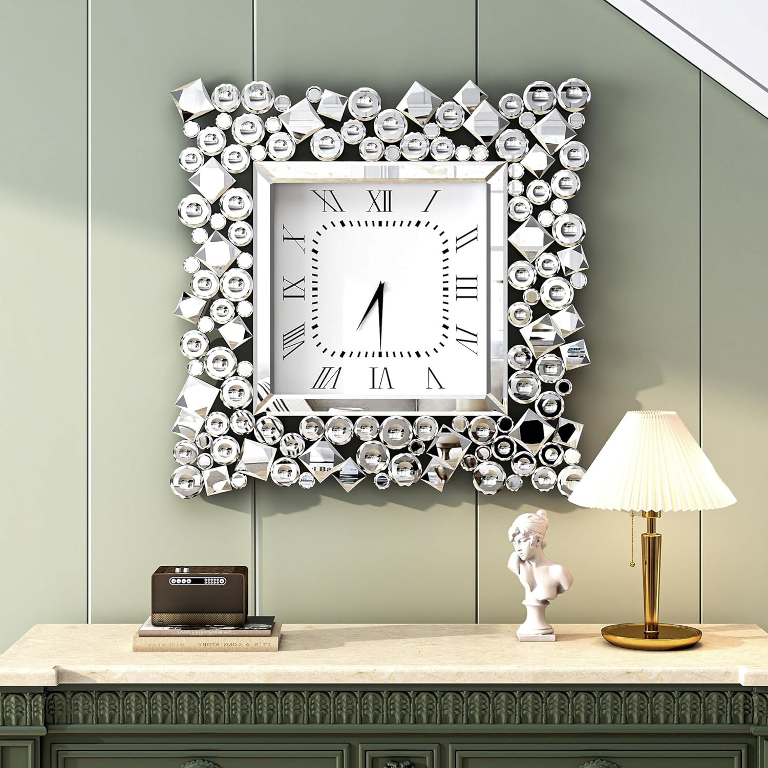 SHYFOY 20" Crystal Wall Clock, Modern Square Mirror Wall Clock with Roman Numerals, Silent Non-Ticking Luxury Wall Decor for Living Room Bedroom Office
